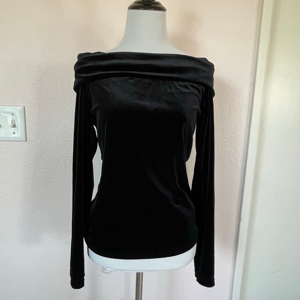 Promod Black Velvet Off Shoulder Top Made in France Minimal Chic Long Sleeve
